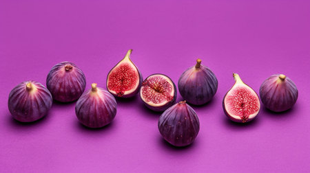 Fresh figs on purple background. Top view with copy space.の素材