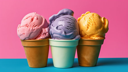 Colorful ice cream scoops in paper cup on blue and pink backgroundの素材