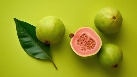 Fresh guava fruit with green leaves on green background, top viewの素材