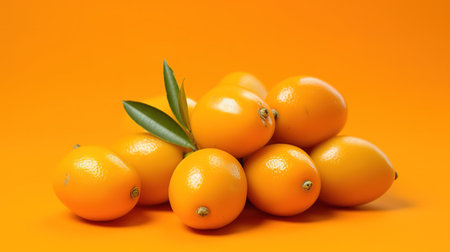Kumquat fruits on orange background. Close-up.の素材