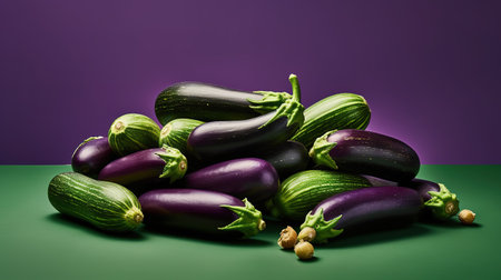 Fresh zucchini and eggplant on a purple background. Studio shot.の素材