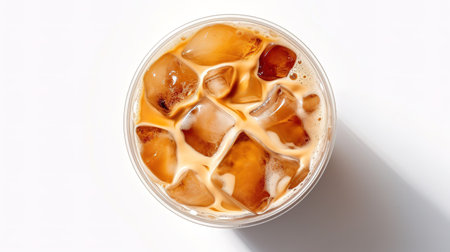 Iced coffee in a plastic cup on white background, top viewの素材