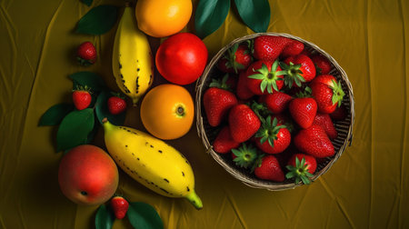 strawberries and bananas in a basket on a yellow tableclothの素材