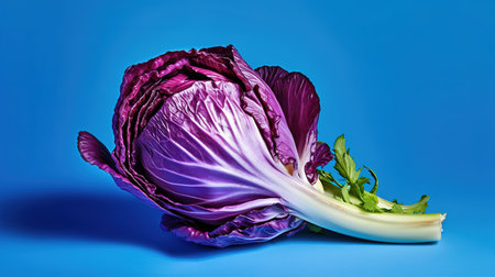 Purple Chinese cabbage on blue background. Close-up image.の素材