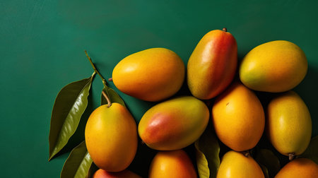 Mango fruits on green background. Top view. Copy space.の素材