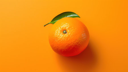 Orange fruit with leaf on orange background. Top view. Flat lay.の素材