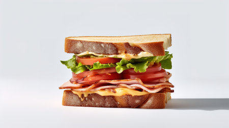 Sandwich with ham, cheese, tomato and lettuce on white backgroundの素材