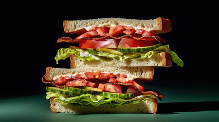 Sandwich with ham, cheese, lettuce and tomato on black backgroundの素材