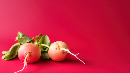 Fresh radishes on a red background. Healthy food. Copy space.の素材