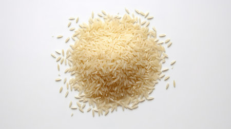 Uncooked rice on a white background, top view, close-upの素材