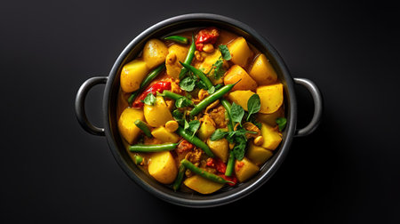 Vegetable curry in a bowl on a black background, top viewの素材