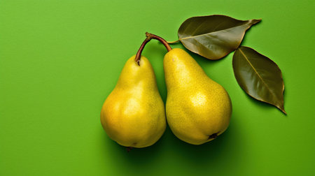 Two ripe yellow pears with green leaves on a green background.の素材