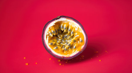 Passion fruit isolated on red background. Passionfruit is a tropical fruit.の素材
