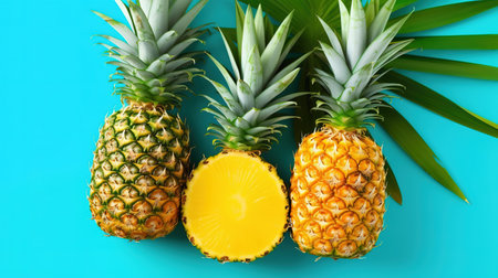 Pineapples and slices on a blue background, top viewの素材