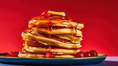Stack of pancakes with cherry and maple syrup on a red background.の素材