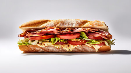 Sandwich with ham, cheese, lettuce and tomato on white backgroundの素材