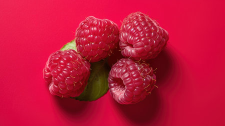 Raspberries on a red background, top view, copy spaceの素材