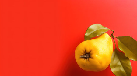 Yellow quince with leaves on a red background. Copy space.の素材