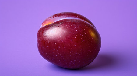 Red plum on a purple background. Close-up of an apple.の素材