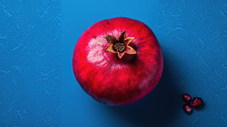 Ripe pomegranate fruit on blue background, top viewの素材