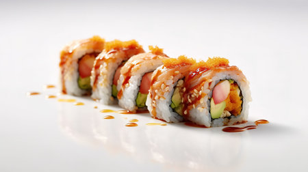 Sushi roll with salmon, avocado and cucumber on white backgroundの素材