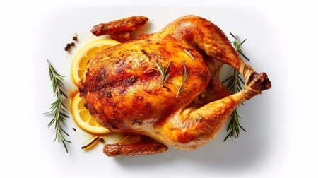 Roast chicken with lemon and rosemary on white background, top viewの素材