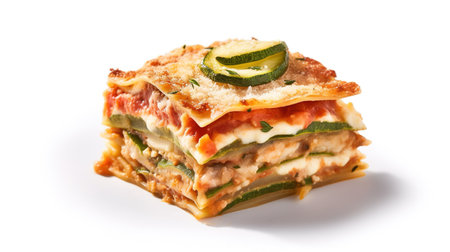 Portion of lasagna with zucchini isolated on white backgroundの素材