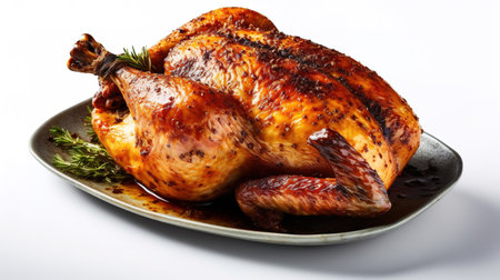 Roast chicken on a plate isolated on white background, closeupの素材
