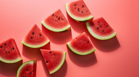 Slices of watermelon on a red background, top viewの素材