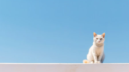 White cat sitting on the wall with blue sky background, copy spaceの素材