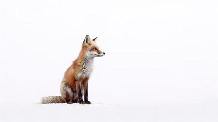 Red fox sitting on white snow, isolated on a white background.の素材