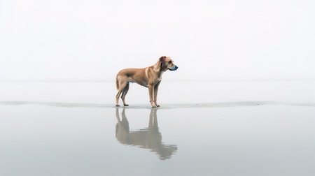 Rhodesian Ridgeback dog standing in the water on a foggy dayの素材
