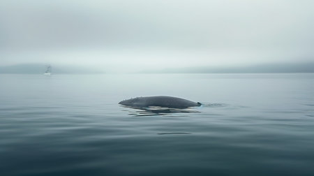 Humpback whale swimming in the sea in a foggy dayの素材