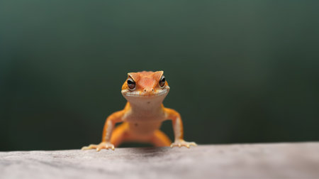 Close up of a red frog on a wooden surface in the forestの素材