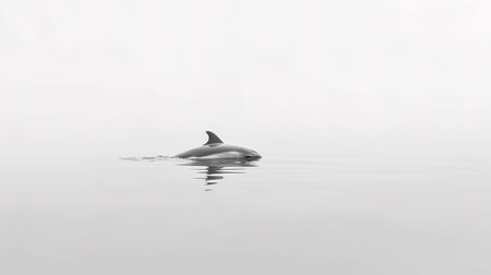 Dolphins swimming in the ocean in a foggy day with reflectionの素材