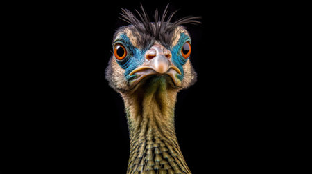 close up of the head of a guinea fowl on a black backgroundの素材