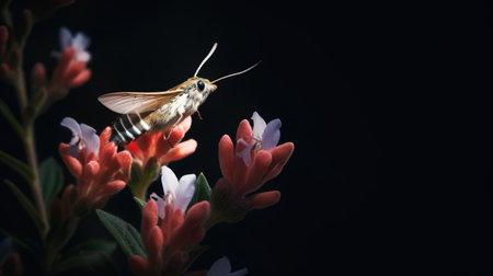 butterfly on a flower on a black background with copy spaceの素材