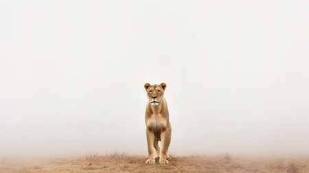 Lioness in the fog on a meadow. Copy space.の素材