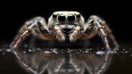 Jumping spider close up on black background with reflection. 3d illustrationの素材