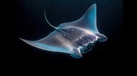 Manta ray isolated on black background. 3D illustration. Top view.の素材