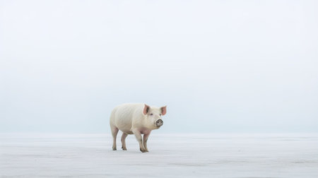 White pig standing on the ice in a foggy winter day.の素材