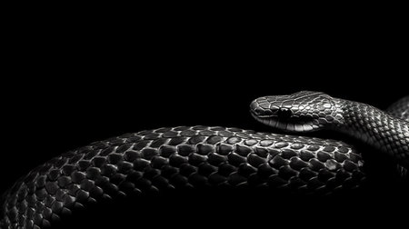 Close-up of a snake on a black background. Black and white.の素材