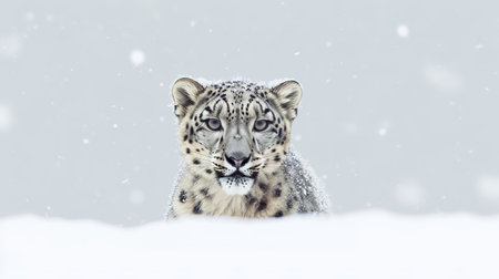 Snow leopard, Panthera uncia, portrait on snowy backgroundの素材