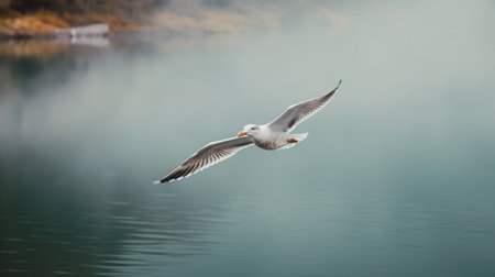Seagull flying over the lake in the morning. Beautiful seascape.の素材