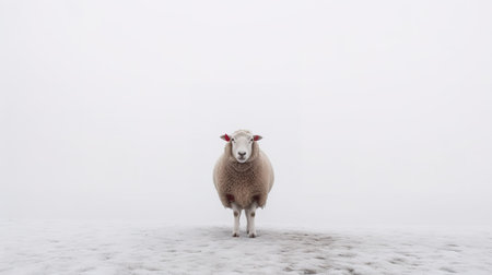 Sheep in the snow on a foggy winter day with copy spaceの素材