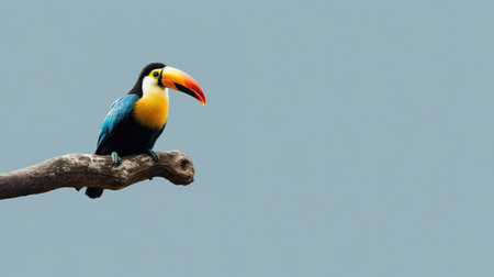 Toucan sitting on a branch with blue sky in the backgroundの素材