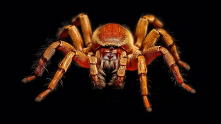 Close up of a tarantula spider isolated on a black backgroundの素材