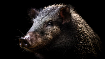 portrait of a wild boar on a black background close-upの素材