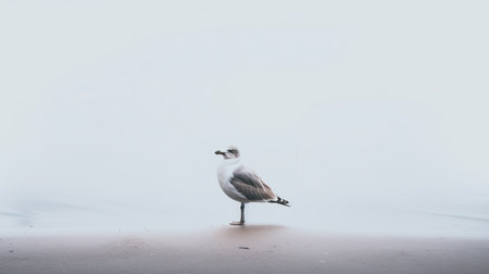 Seagull on the beach in foggy morning, selective focusの素材