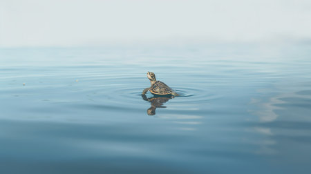 Turtle swimming on the surface of the water in the lake.の素材